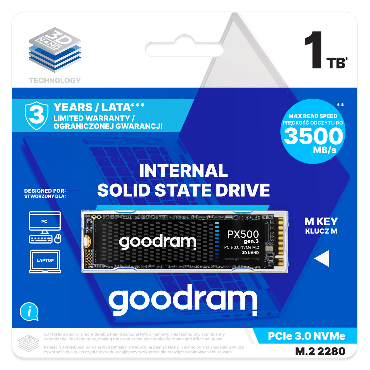 Goodram PX500 GEN.3 SSDPR-PX500-01T-80-G3 internal solid state drive 1 TB M.2 PCI Express 3.0 NVMe 3D NAND