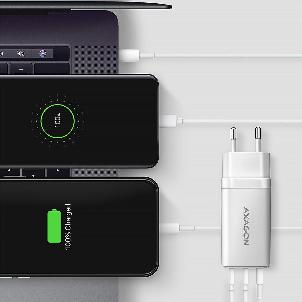 Axagon ACU-DPQ65W oplader til mobil enhed Mobiltelefon, Netbook, Laptop, Smartphone, SmartWatch, Tablet, Universel Hvid Vekselstrøm Hurtig opladning Indendørs