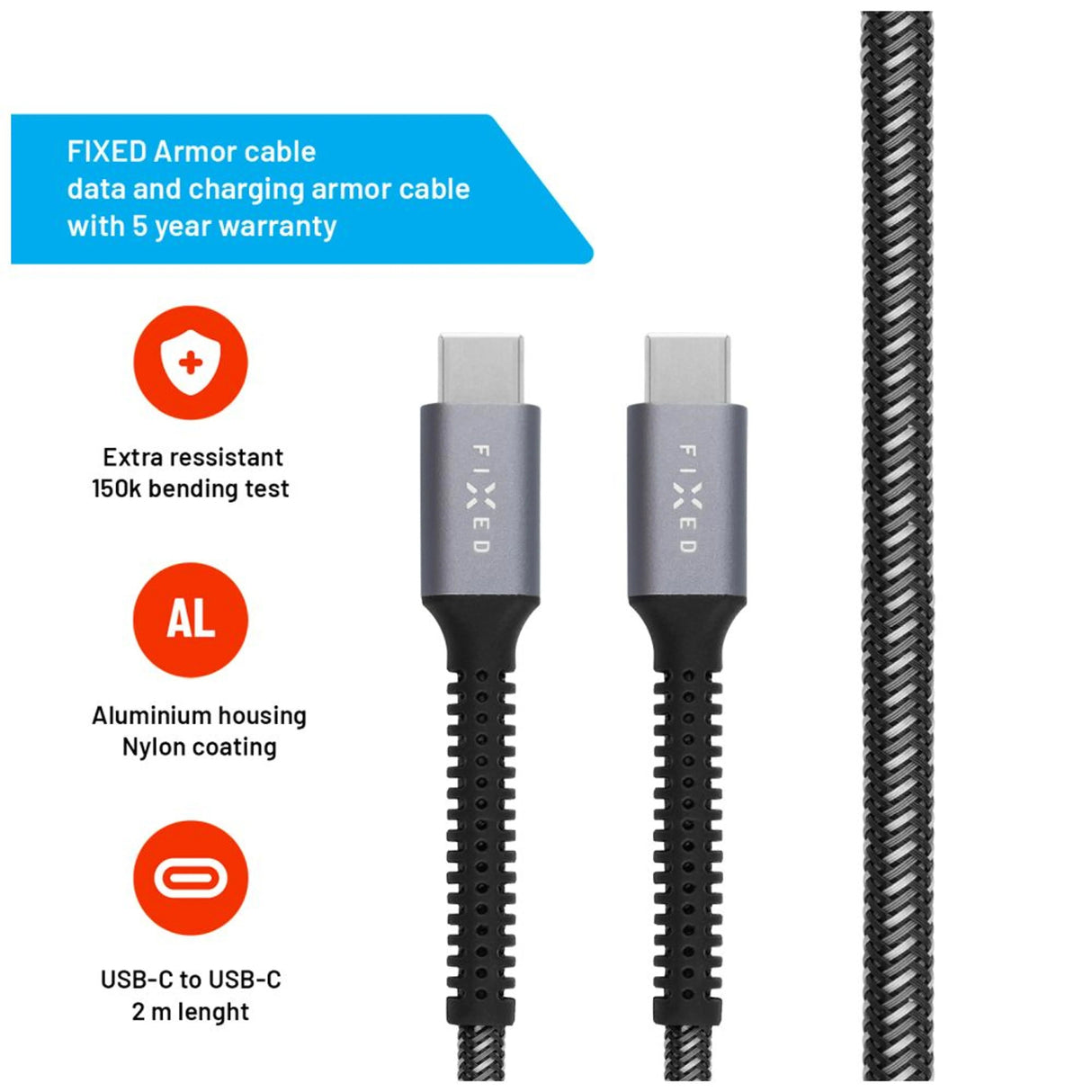 FIXED FIXDA-CC2-GR USB-kabel USB 2.0 2 m USB C 4,8 Gbit/sek. 240 W Grå