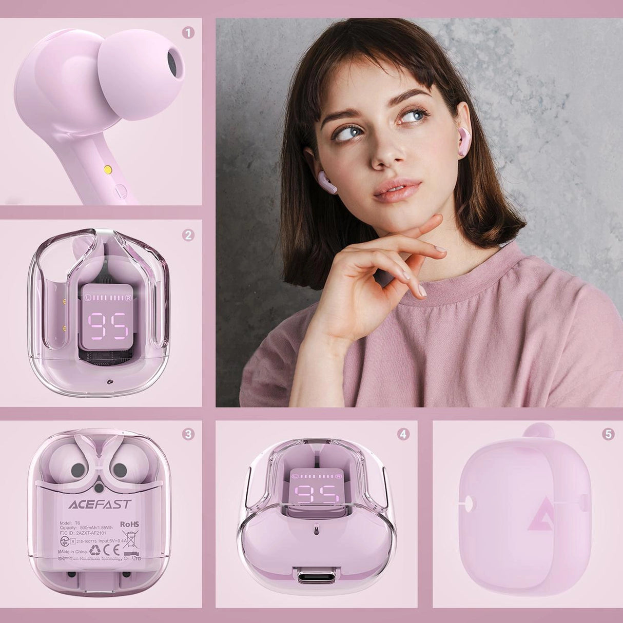 Acefast T6 TWS Bluetooth In-Ear trådløse hovedtelefoner - Pink