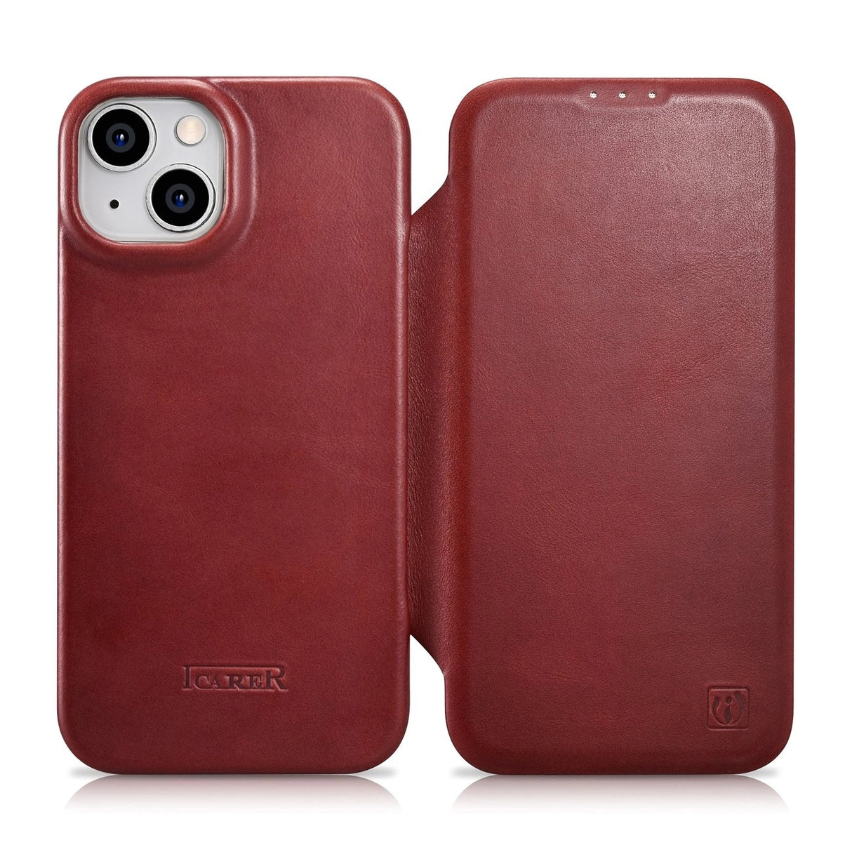 iCarer CE Oil Wax Premium Leather Folio Case iPhone 14 Plus Magnetisk Flip Leather Folio Case MagSafe Red (AKI14220707-RD)