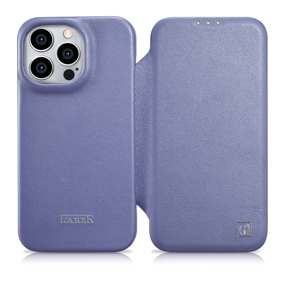 iCarer CE Premium læder Folio Case iPhone 14 Pro Magnetisk Flip læder Folio Case MagSafe Light Purple (WMI14220714-LP)