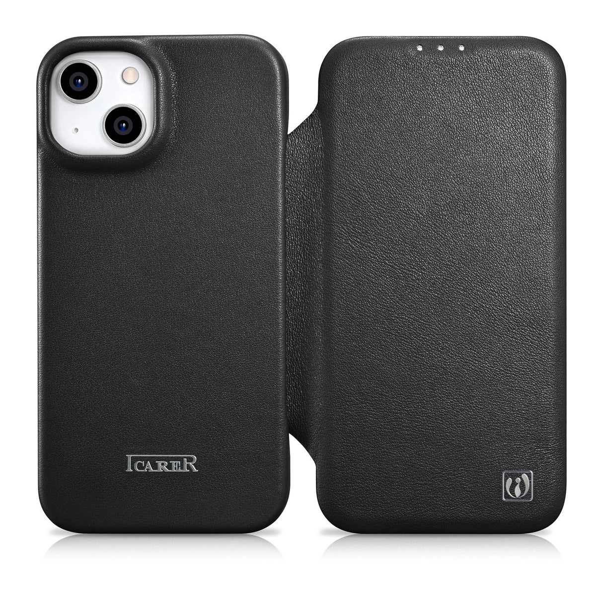 iCarer CE Premium læder Folio Case iPhone 14 Plus Magnetisk Flip læder Folio Case MagSafe sort (WMI14220715-BK)