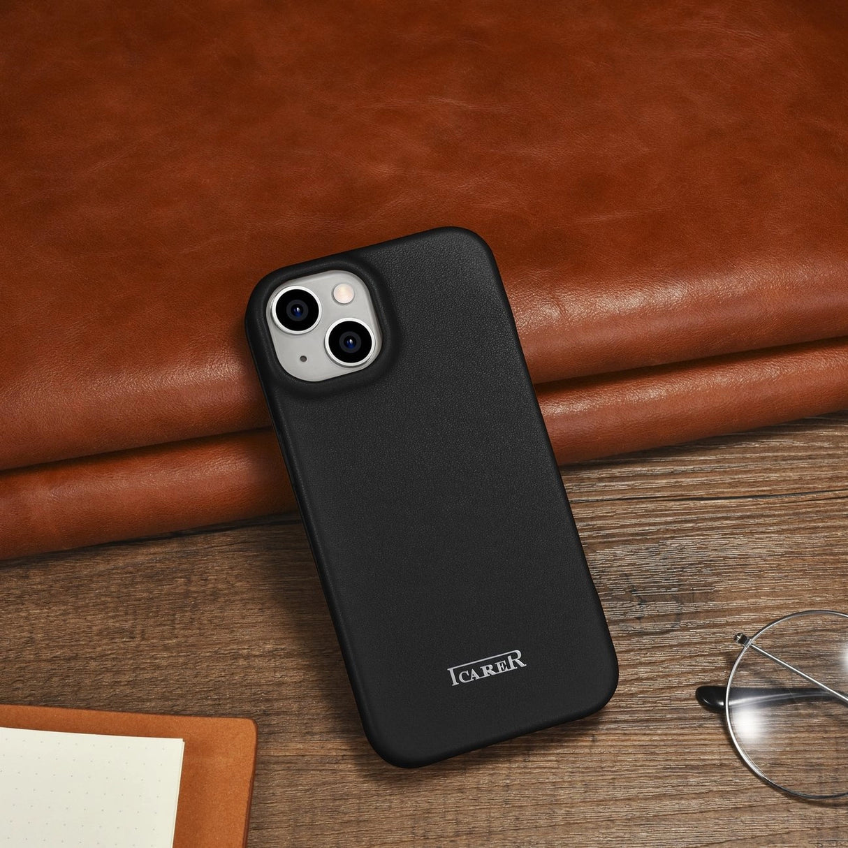 iCarer CE Premium læder Folio Case iPhone 14 Plus Magnetisk Flip læder Folio Case MagSafe sort (WMI14220715-BK)