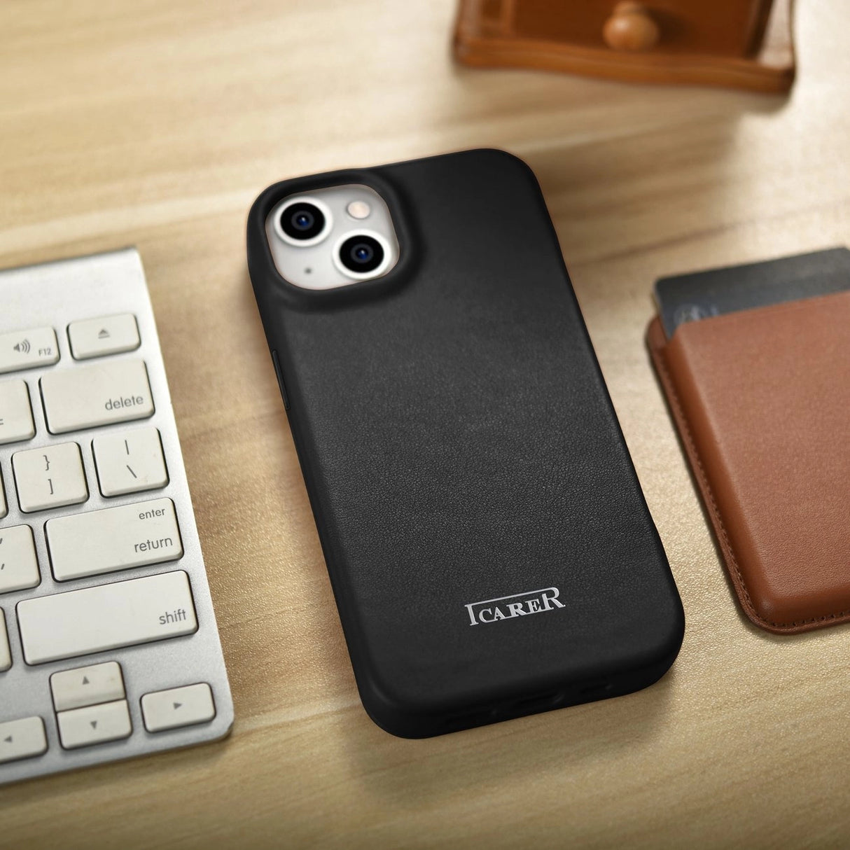 iCarer CE Premium læder Folio Case iPhone 14 Plus Magnetisk Flip læder Folio Case MagSafe sort (WMI14220715-BK)