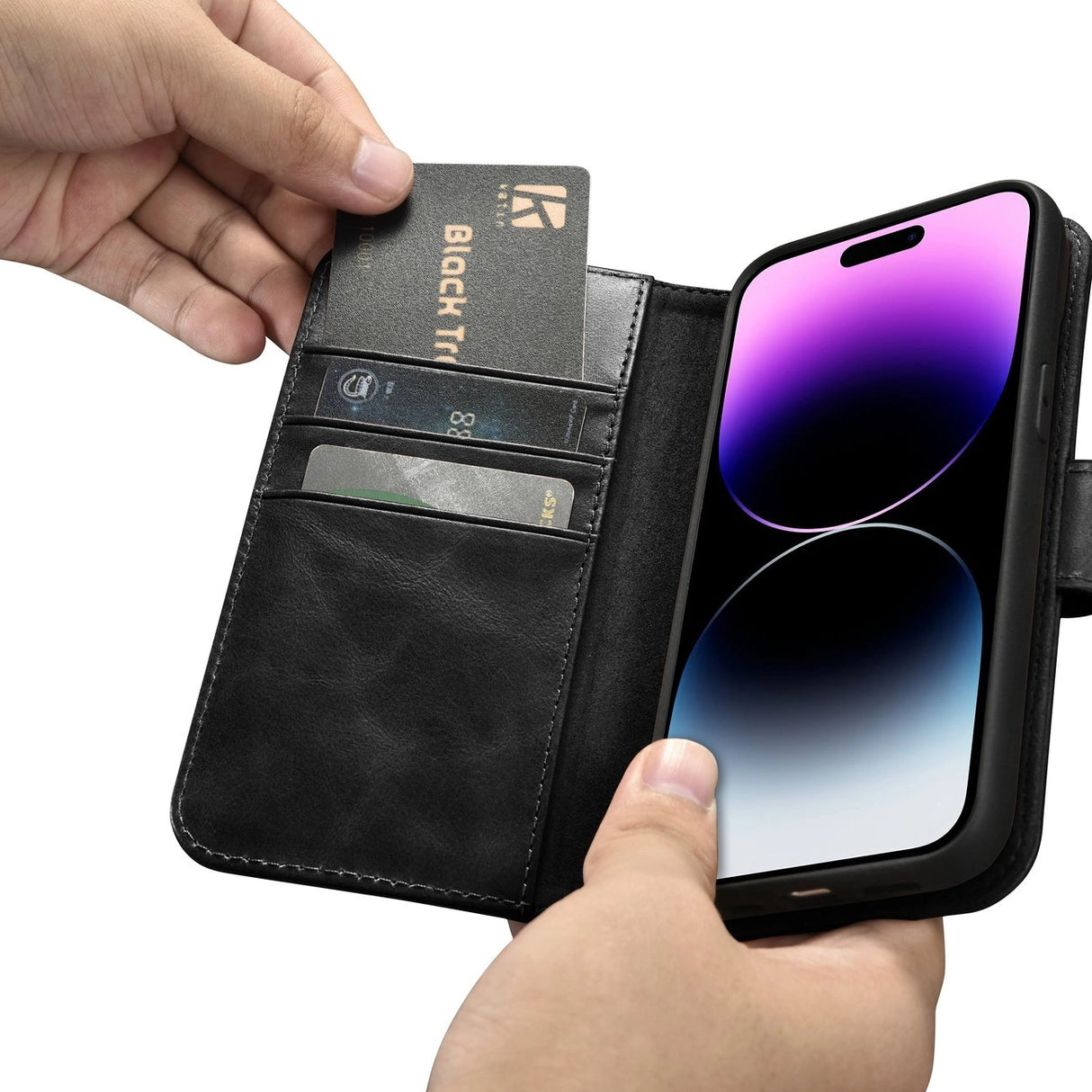 iCarer Oil Wax Wallet Case 2in1 Cover iPhone 14 Pro Læder Flip Cover Anti-RFID sort (WMI14220722-BK)