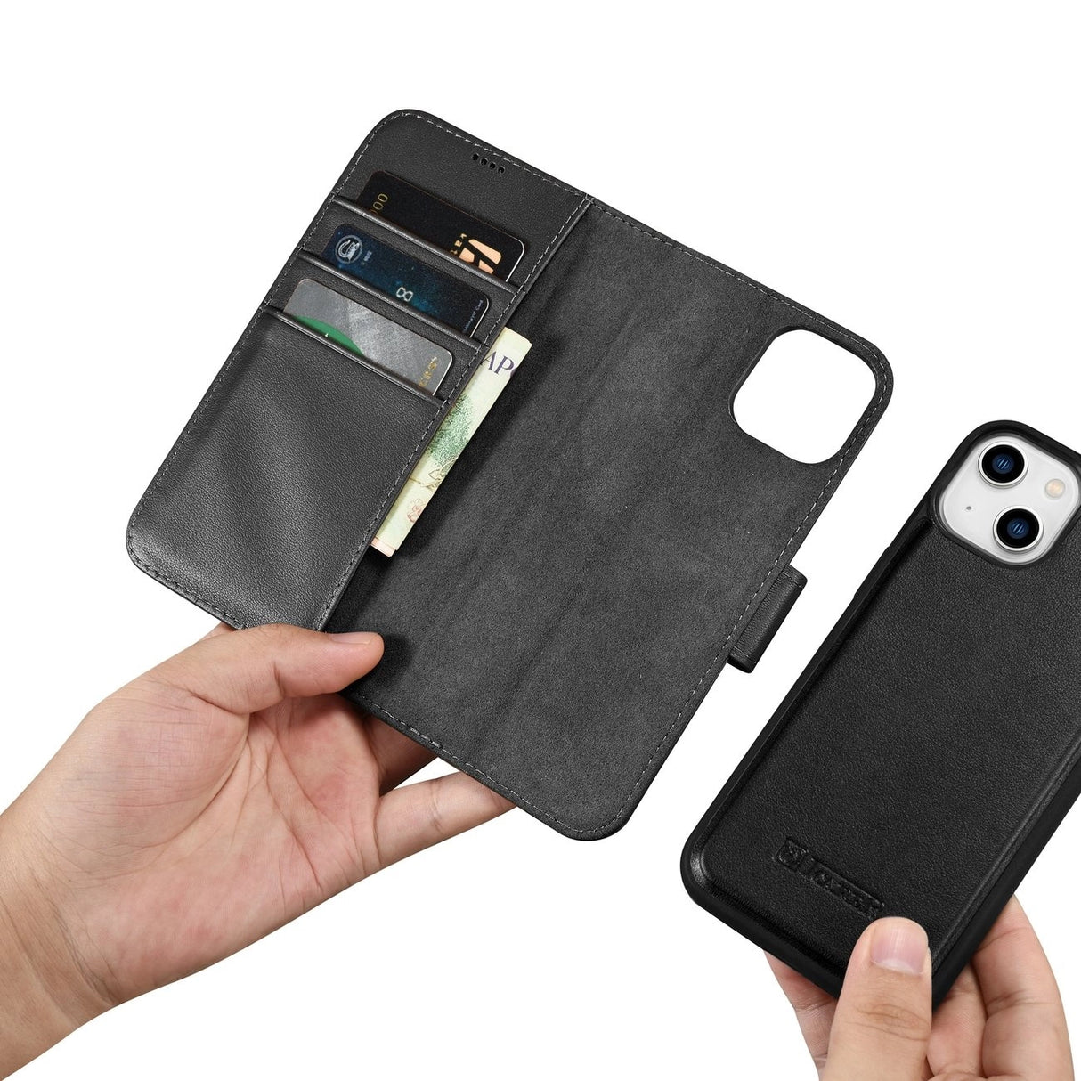 iCarer Wallet Case 2in1 Case for iPhone 14 Ledret Flip Cover Anti-RFID sort (WMI14220725-BK)