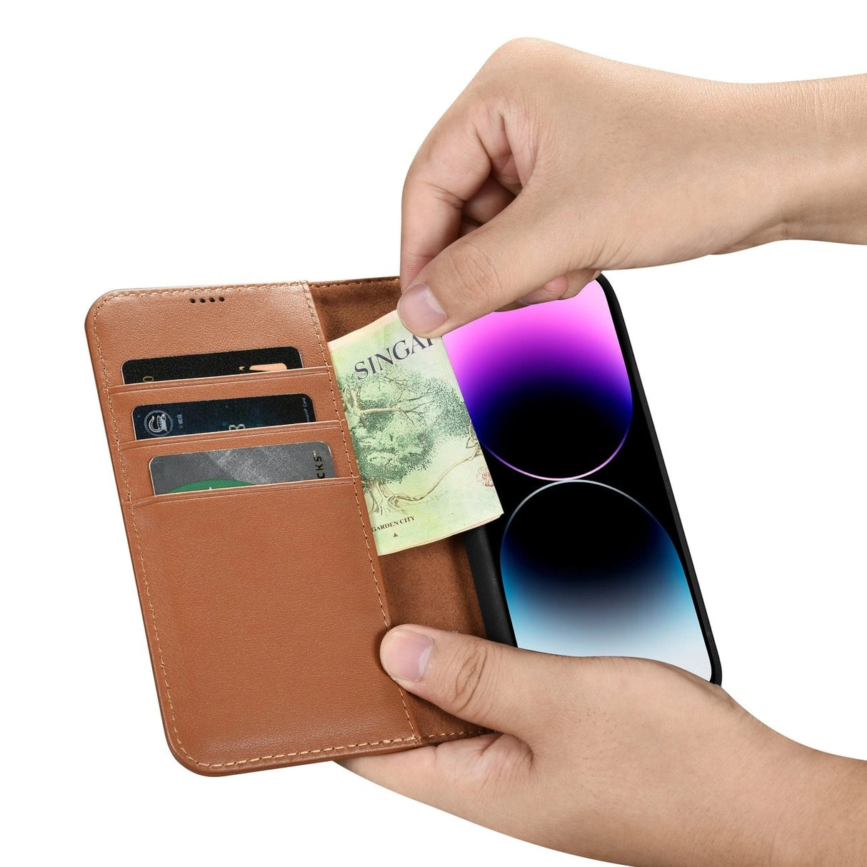 iCarer Wallet Case 2in1 iPhone 14 Pro Læder Flip Case Anti-RFID brun (WMI14220726-BN)