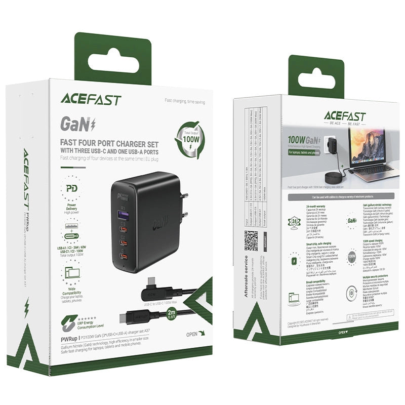 Acefast hurtigoplader GaN 3xUSB-C/1xUSB-A 100W sort + vinklet kabel USB-C - USB-C 100W 2m sort