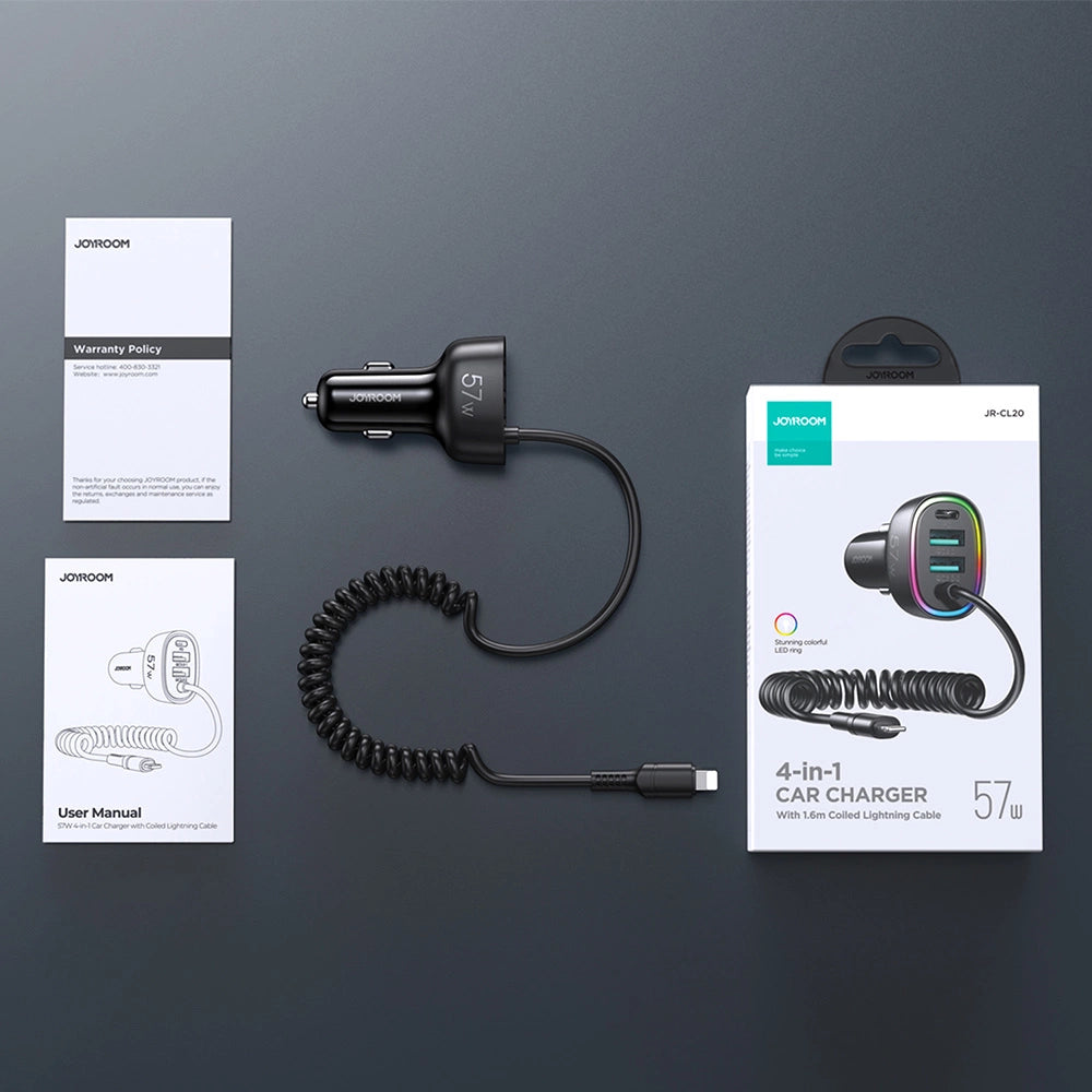 Joyroom hurtigbiloplader 4 i 1 PD, QC3.0, AFC, FCP med Lightning kabel 1,6m 57W sort (JR-CL20)