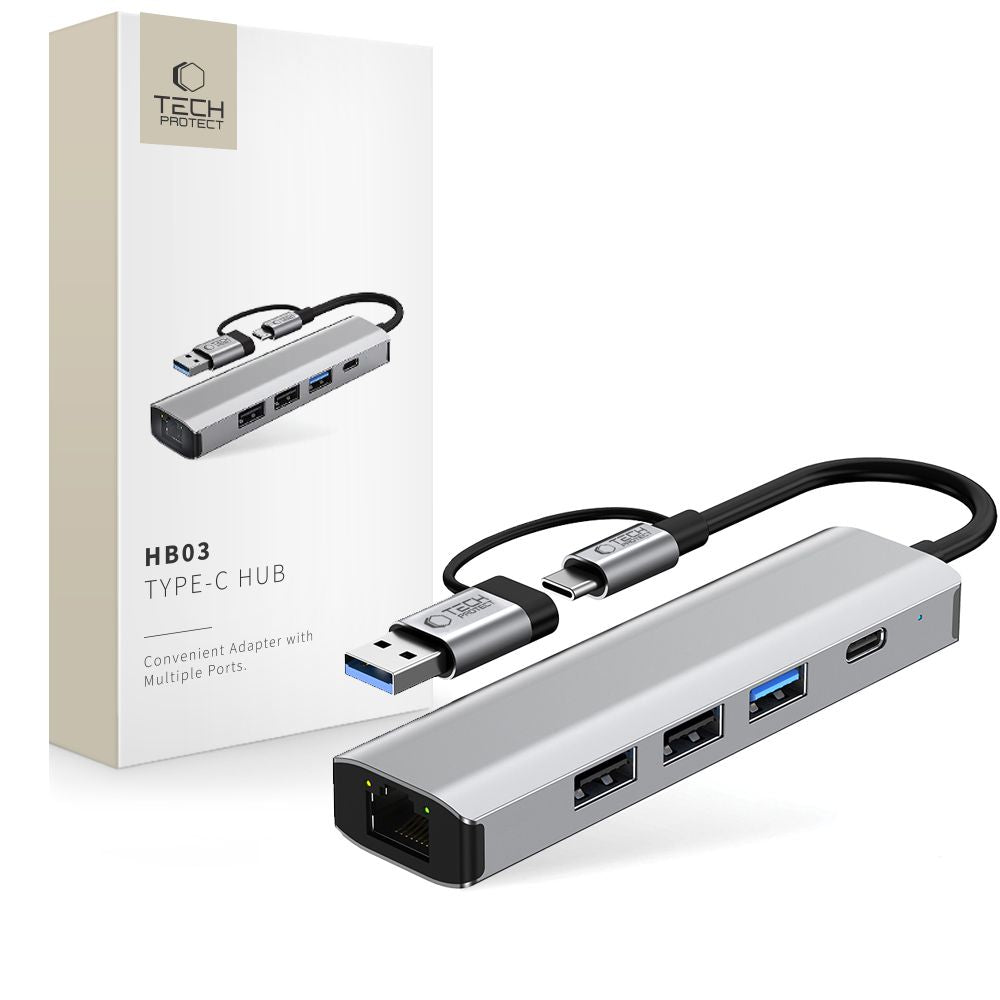 Tech Protect Hb03 Hub Adapter 5 I 1 Type C + Usb 2.0 + Usb 3.0 + Rj45 Spacegrå