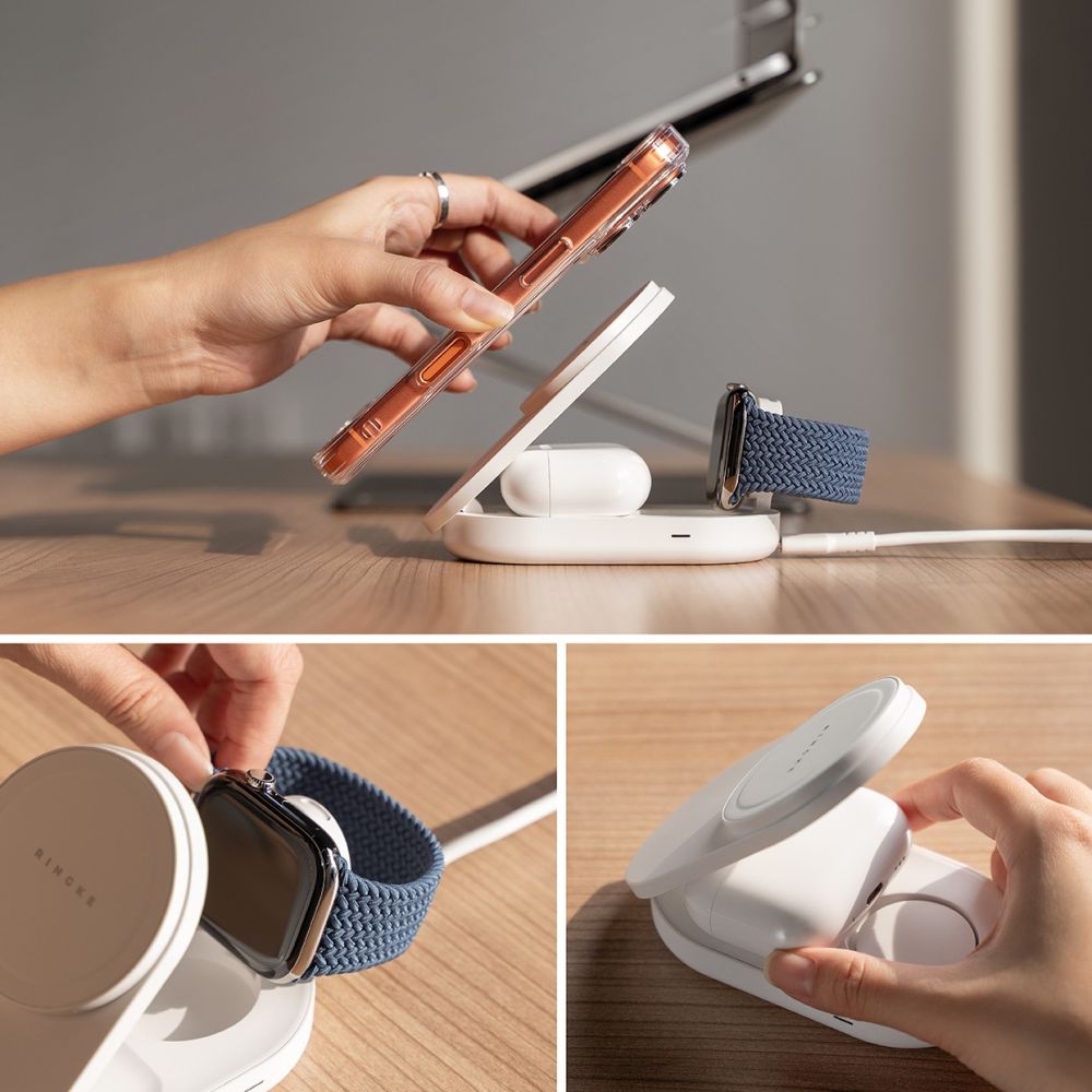 Ringke 3 I 1 Magnetisk Magsafe Trådløs Sammenklappelig Oplader 25 W Qi2.2 Hvid