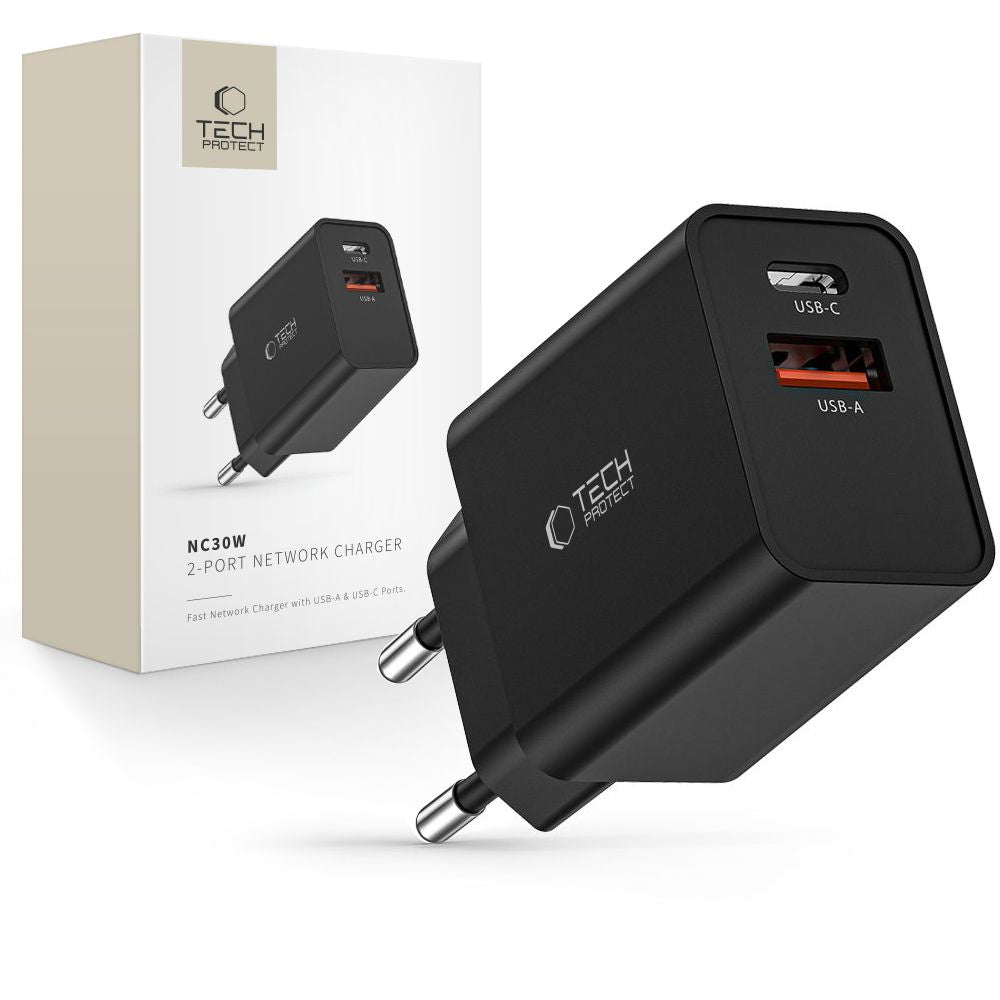 Tech Protect Nc30 W 2 Port Netværksopladder Pd 30 W / Qc3.0 Sort