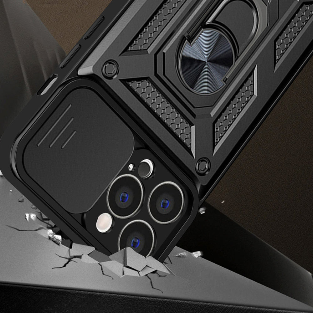 Hybrid Armor Camshield-hylster til iPhone 14 Plus-panserhylster med kameraomslag sort