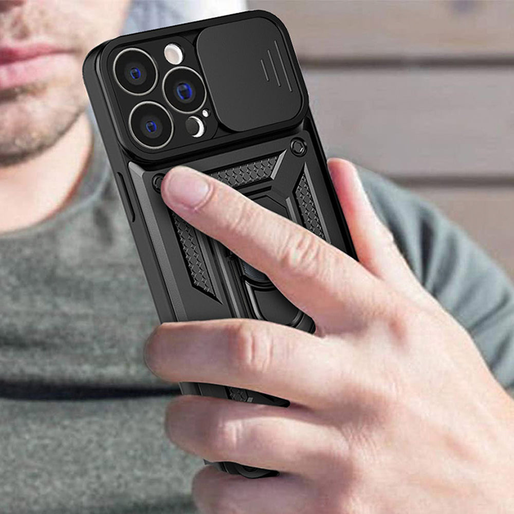 Hybrid Armor Camshield-hylster til iPhone 14 Plus-panserhylster med kameraomslag sort