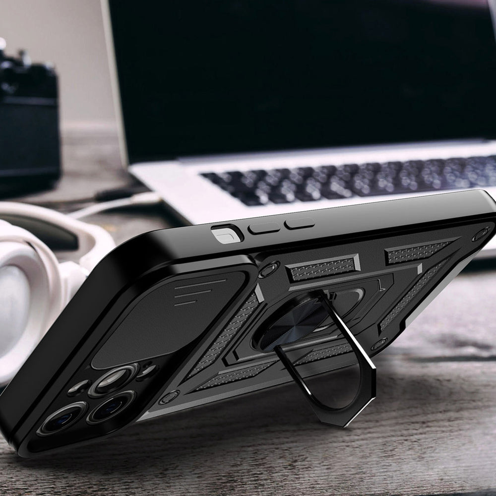 Hybrid Armor Camshield-hylster til iPhone 14 Plus-panserhylster med kameraomslag sort