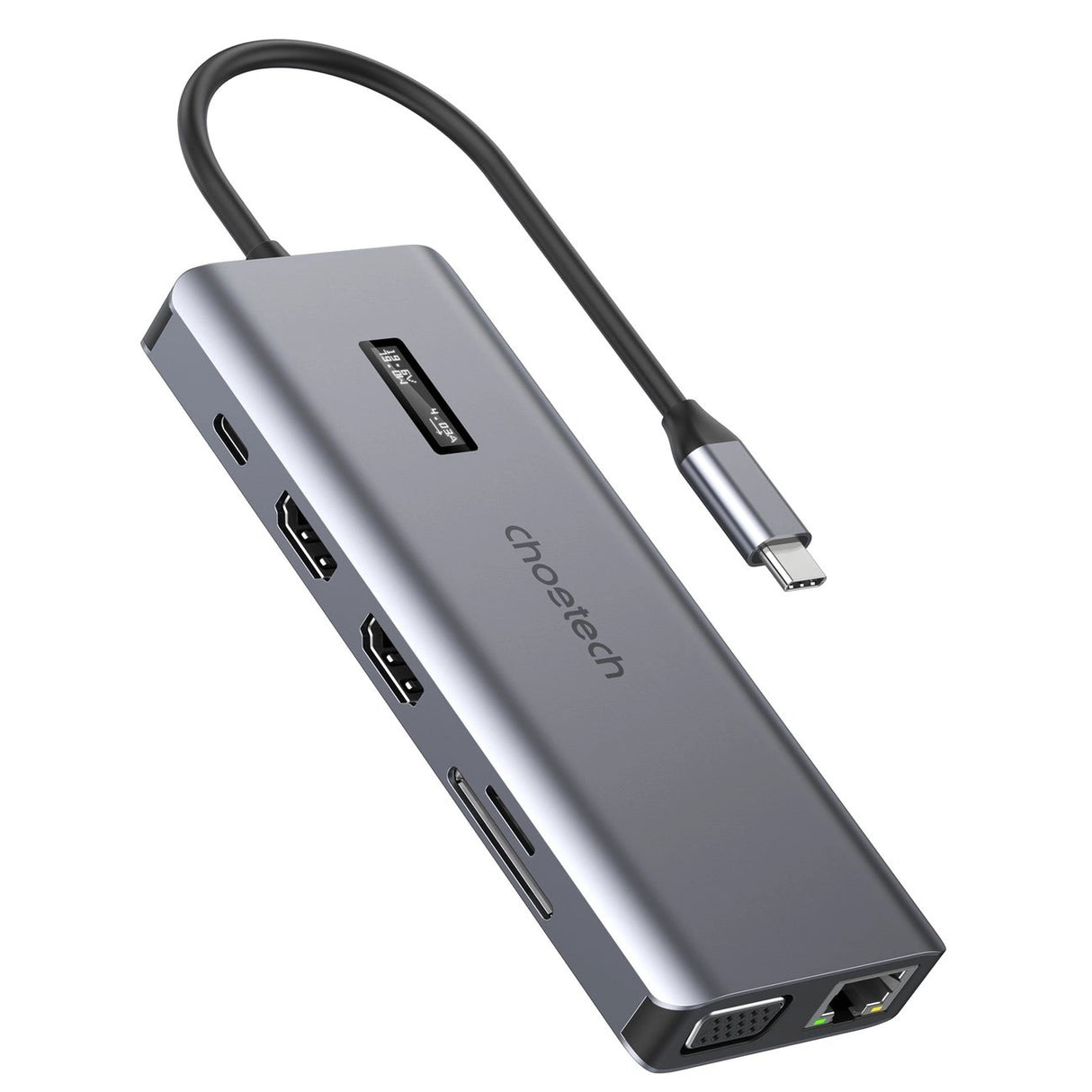 Choetech multifunktionelle HUB med display 12in1 USB-C til USB-C / USB-A / HDMI / VGA / AUX / SD / TF grå (HUB-M26)