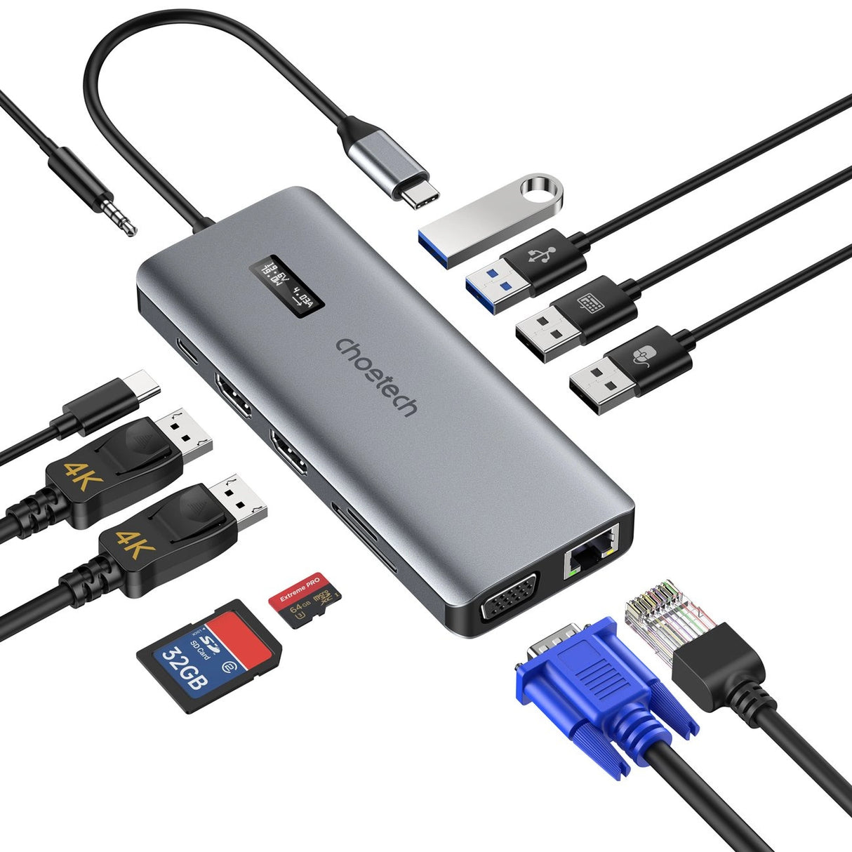 Choetech multifunktionelle HUB med display 12in1 USB-C til USB-C / USB-A / HDMI / VGA / AUX / SD / TF grå (HUB-M26)