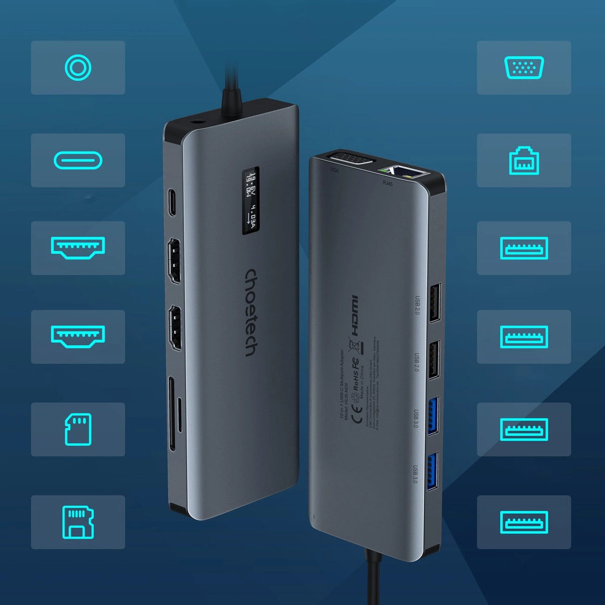 Choetech multifunktionelle HUB med display 12in1 USB-C til USB-C / USB-A / HDMI / VGA / AUX / SD / TF grå (HUB-M26)