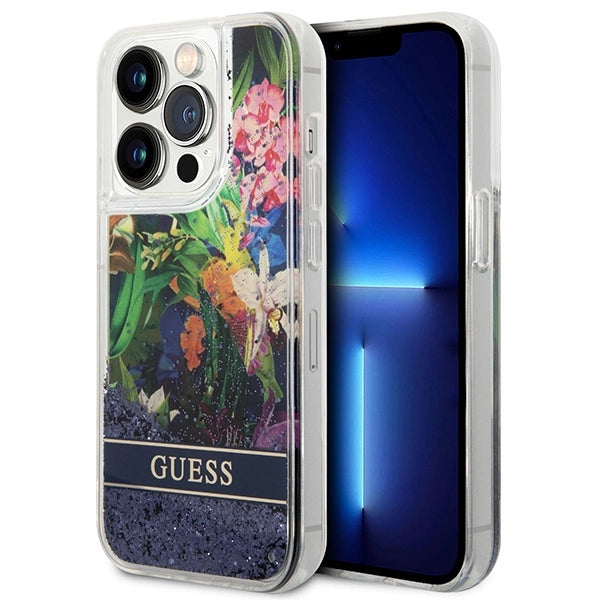 Guess GUHCP14LLFLSB iPhone 14 Pro 6.1 "blå / blå hardcase Flower Liquid Glitter