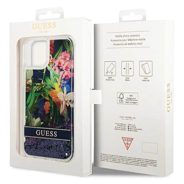 Guess GUHCP14SLFLSB iPhone 14 6.1 "blå / blå hardcase Flower Liquid Glitter