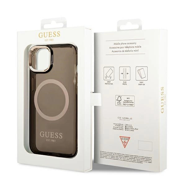 Guess GUHMP14SHTCMK iPhone 14 6.1" sort/sort hårdkasse Gold Outline Translucent MagSafe
