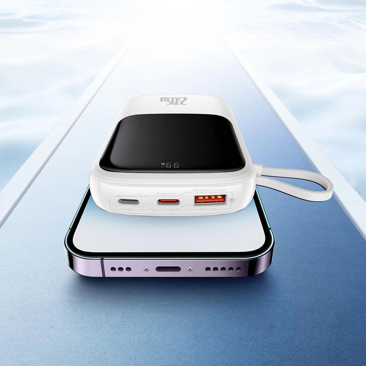 Baseus Qpow Digital Display Power Bank med hurtig opladning 10000mAh 20W QC/PD/SCP/FCP med indbygget lynkabel Hvid