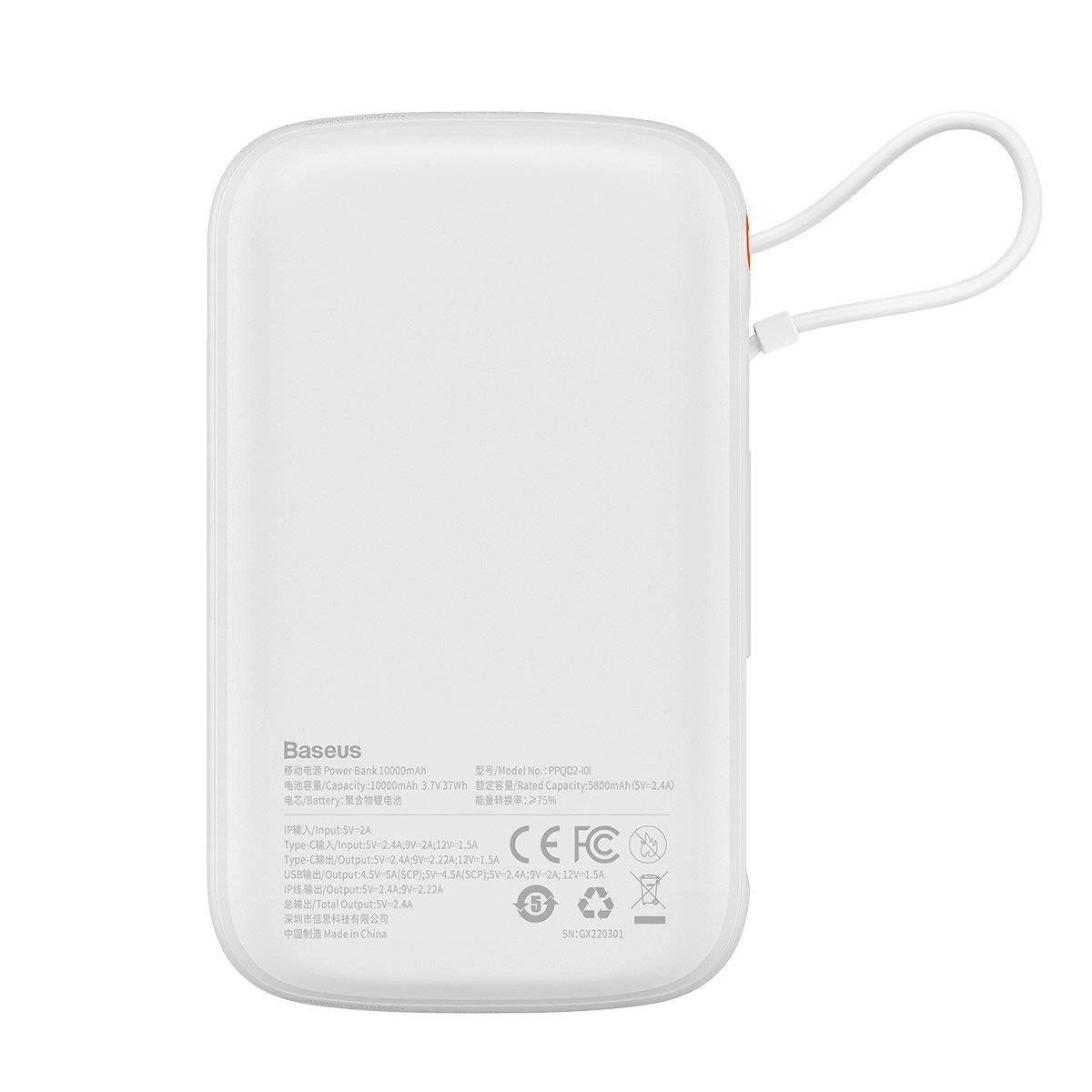 Baseus Qpow Digital Display Power Bank med hurtig opladning 10000mAh 20W QC/PD/SCP/FCP med indbygget lynkabel Hvid
