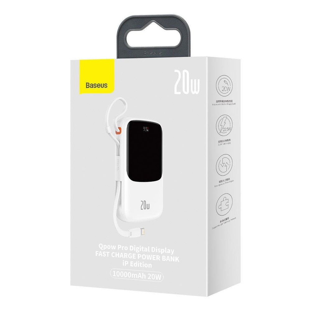 Baseus Qpow Digital Display Power Bank with Fast Charging 10000mAh 20W QC/PD/SCP/FCP with Built-in Lightning Cable White