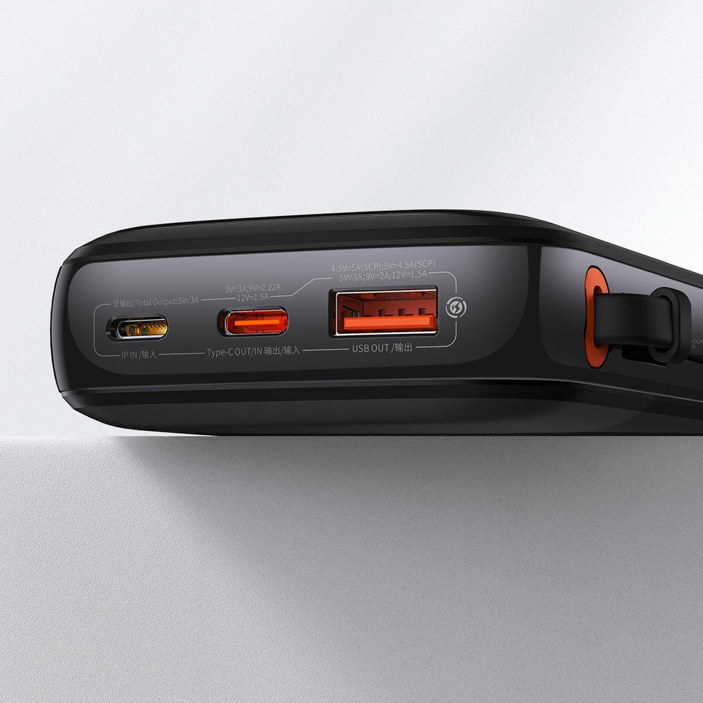 Baseus Qpow Digital Display Fast Charging Power Bank 10000mAh 22.5W QC/PD/SCP/FCP with Built-in USB-C Cable Black