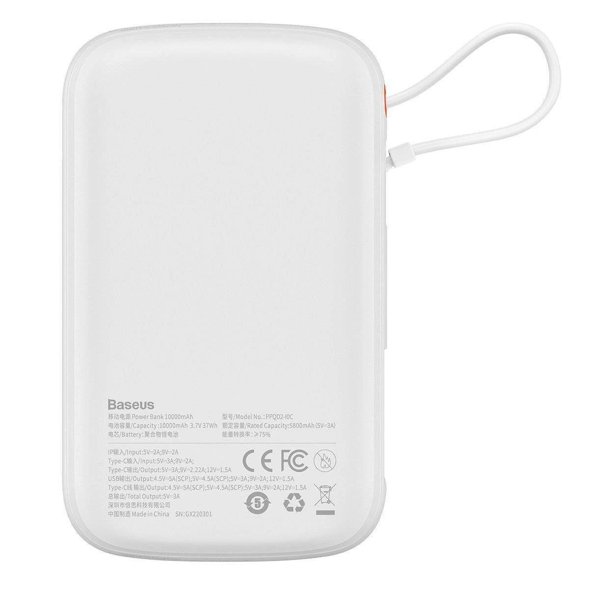 Baseus Qpow Digital Display powerbank med hurtig opladning 10000mAh 22.5W QC/PD/SCP/FCP med indbygget USB-C kabel hvid
