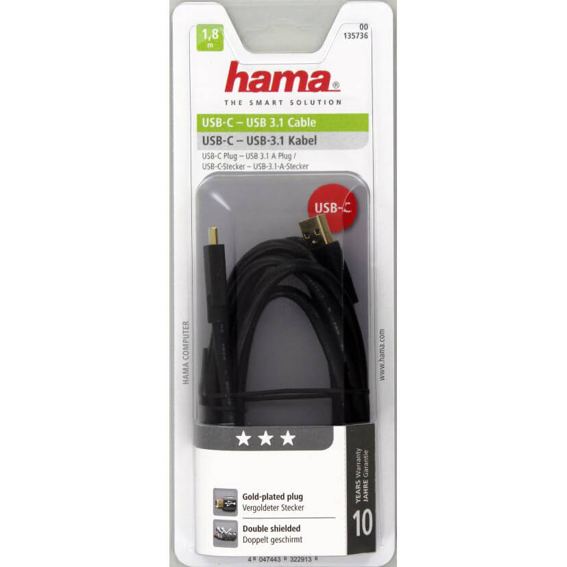 HAMA USB 3.1 Kabel USB-C Han-USB-A 1,8m Guldbelagt TL