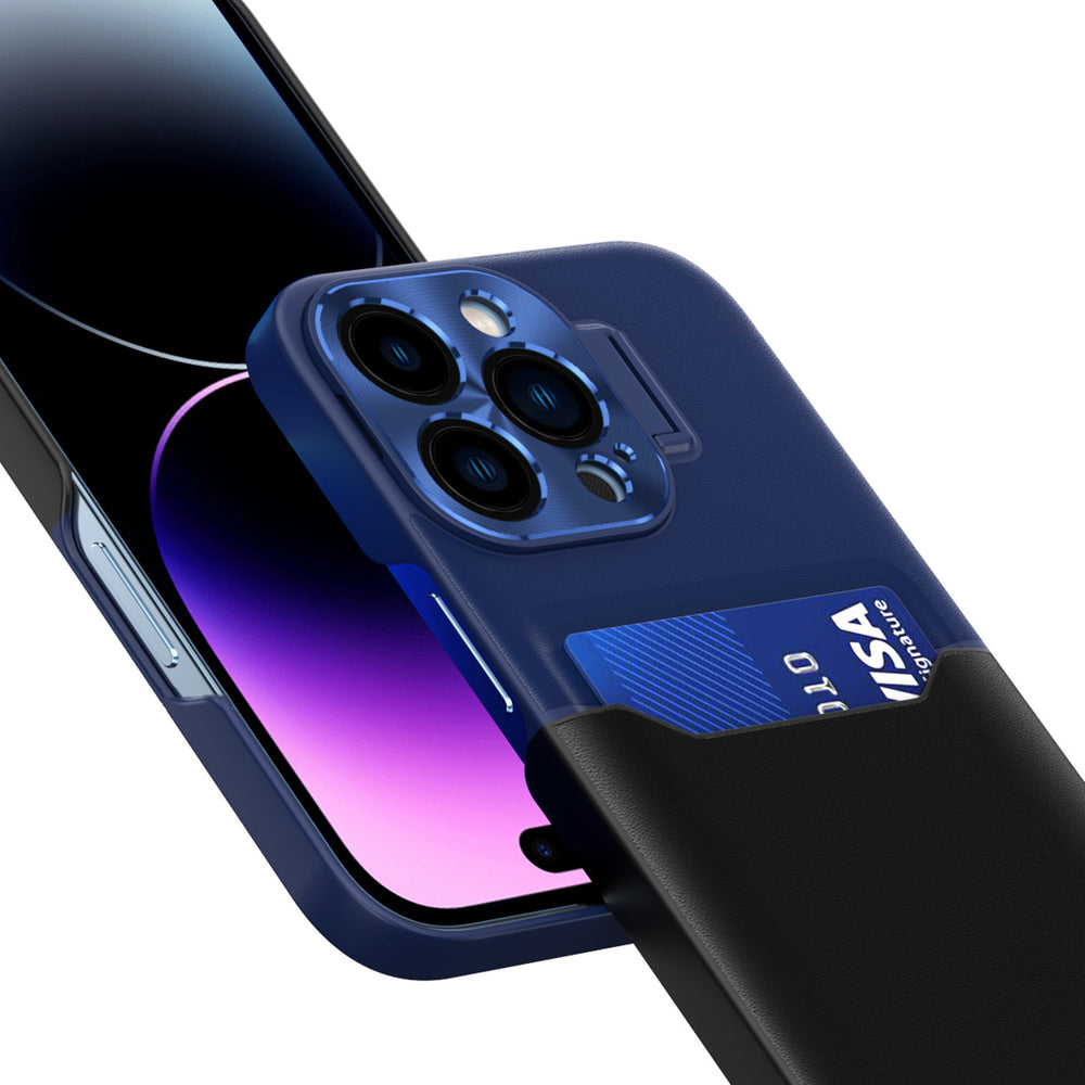 Læder Stand Case Case for iPhone 14 Pro cover kort tegnebog med stand blå