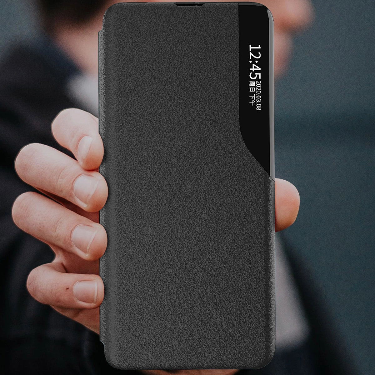 Eco læder View Case case til Samsung Galaxy A14 med flip stand sort