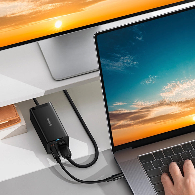 Baseus hurtigoplader GaN5 Pro HUB HDMI 2 x USB-C / USB-A / HDMI 4K 30Hz 1,5m sort + USB-C kabel - USB-C 100W 40Gb / s (USB4) 1m (CCGP110201)