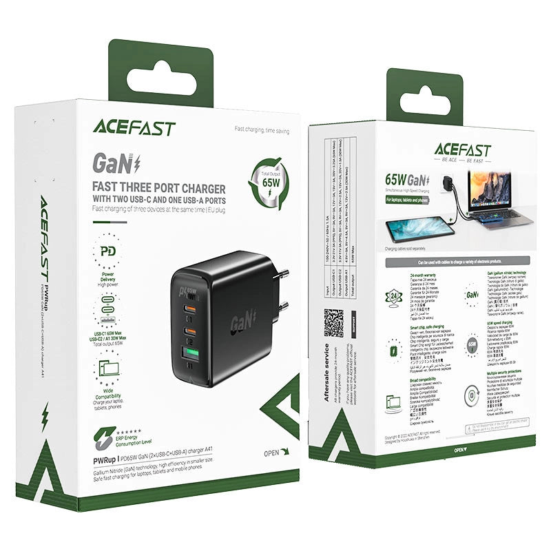 Acefast hurtigoplader GaN (2xUSB-C / USB-A) PPS / PD / QC4+ 65W sort (A41)