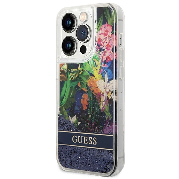 Guess Flower Liquid Glitter case til iPhone 14 Pro Max - blå