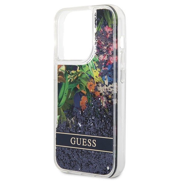 Guess Flower Liquid Glitter case til iPhone 14 Pro Max - blå