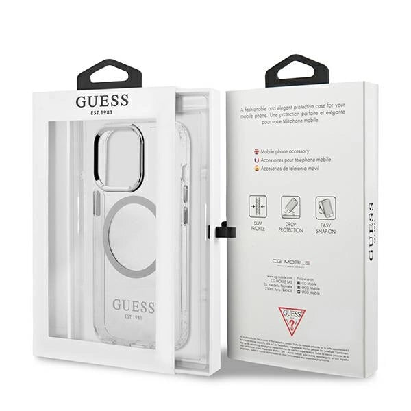 Guess Metal Outline MagSafe-hylster til iPhone 13 Pro / iPhone 13 - sølv