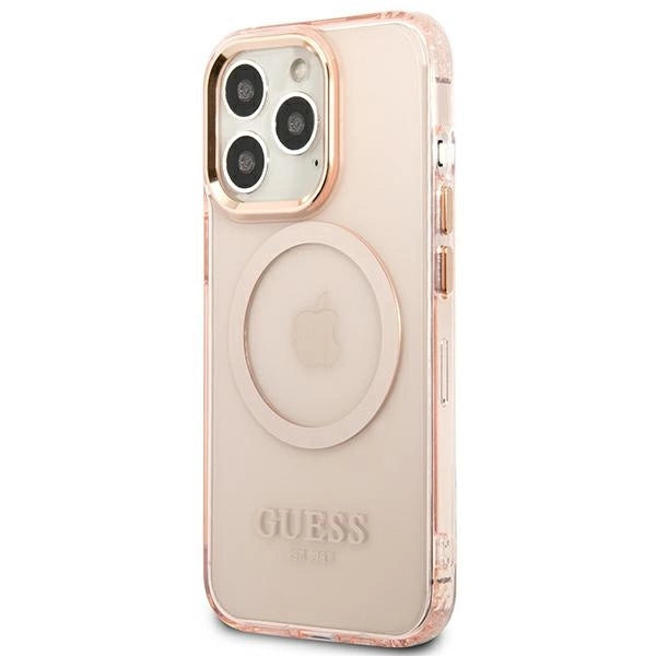 Guess Gold Outline Translucent MagSafe-foder for iPhone 13 Pro Max - pink