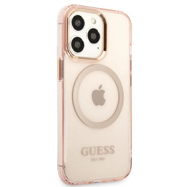 Guess Gold Outline Translucent MagSafe-foder for iPhone 13 Pro Max - pink