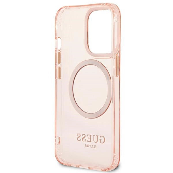 Guess Gold Outline Translucent MagSafe-foder for iPhone 13 Pro Max - pink