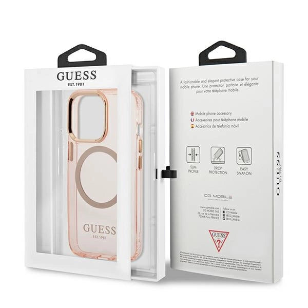 Guess Gold Outline Translucent MagSafe-foder for iPhone 13 Pro Max - pink