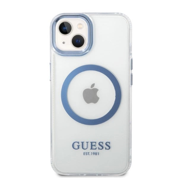 Guess Metal Outline MagSafe-hylster til iPhone 14 Plus - blå