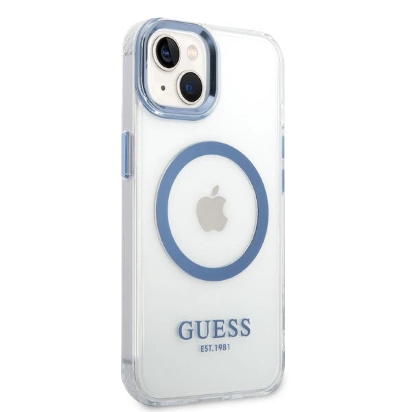 Guess Metal Outline MagSafe-hylster til iPhone 14 Plus - blå