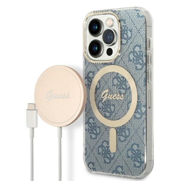 Set Guess GUBPP14LH4EACSB Case+ Charger iPhone 14 Pro 6,1" blå/blå hårdkasse 4G Print MagSafe
