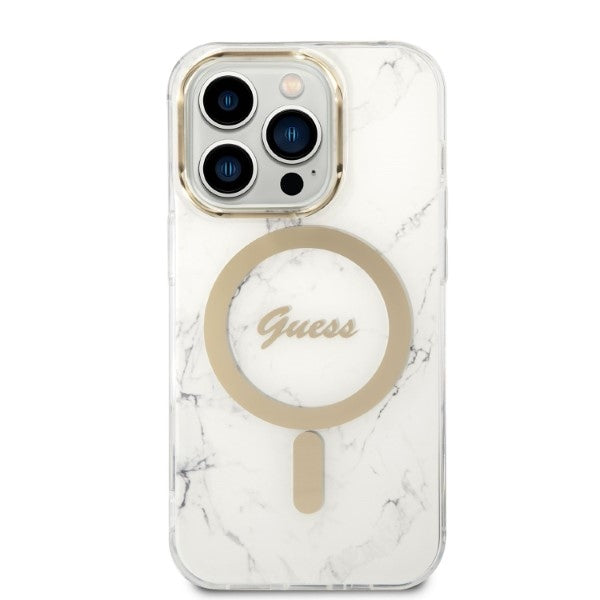Guess GUBPP14LHMEACSH Case+ Charger Set iPhone 14 Pro 6.1" hvid/hvid hårdkasse Marble MagSafe