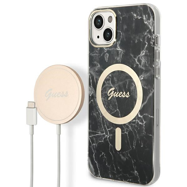 Set Guess GUBPP14MHMEACSK Case+ Charger iPhone 14 Plus 6,7" sort/sort hårdkasse Marble MagSafe