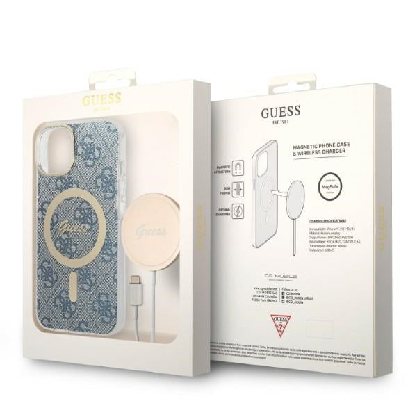 Set Guess GUBPP14SH4EACSB Case+ Charger iPhone 14 6,1" blå/blå hårdkasse 4G Print MagSafe