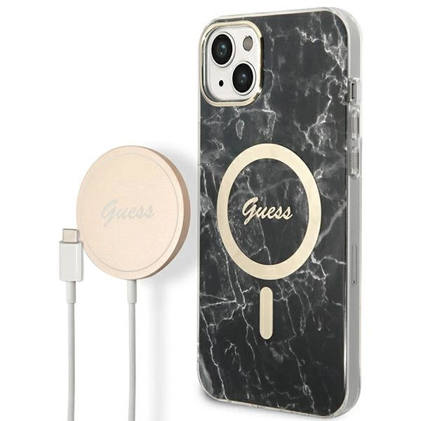 Set Guess GUBPP14SHMEACSK Case+ Charger iPhone 14 6.1" sort/sort hard case Marble MagSafe